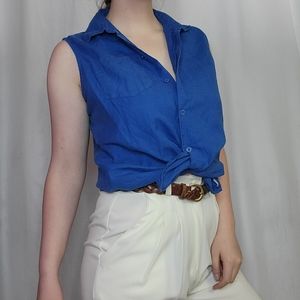 Deep Blue White Stag Cotton/Linen Blend Button up Sleeveless Collard Shirt Vest